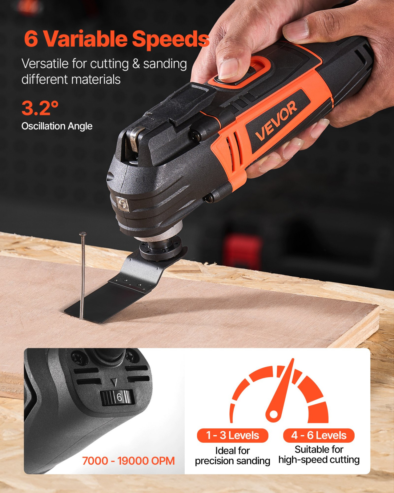 Multitool Oscillating Tool, 4Amps Electric Oscillating Multi Tool Corded With 6 Variable Speeds 7000 - 19000 OPM, 3.2° Oscillating Angle, 13PCS Saw Accessories, LED Work Light & Tool Bag