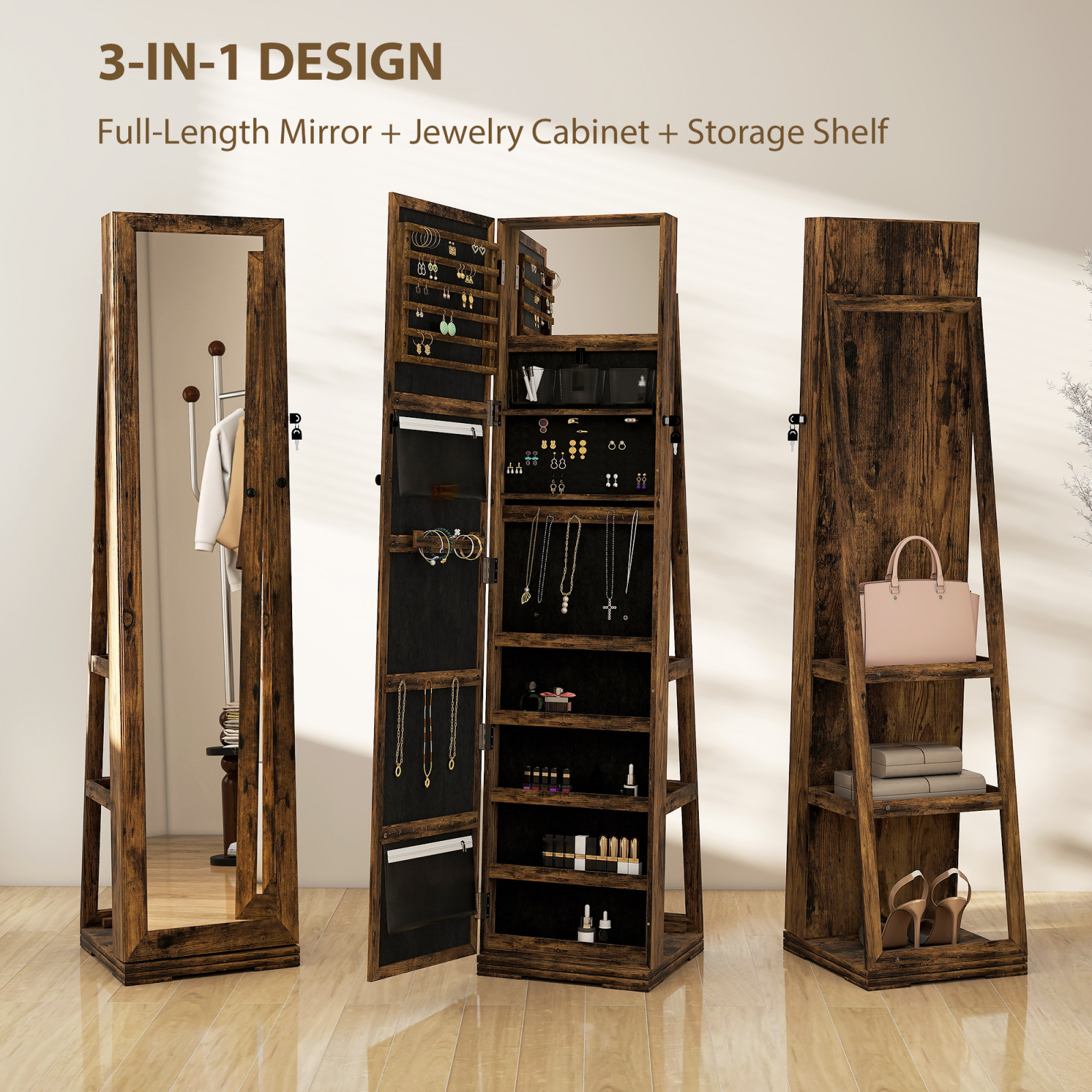 360° Swivel Jewellery Cabinet, Free Standing Full Length Mirror With Storage, Lockable Jewellery Organiser With Built-in Makeup Mirror And Storage Shelves For Bedroom, Rustic Brown